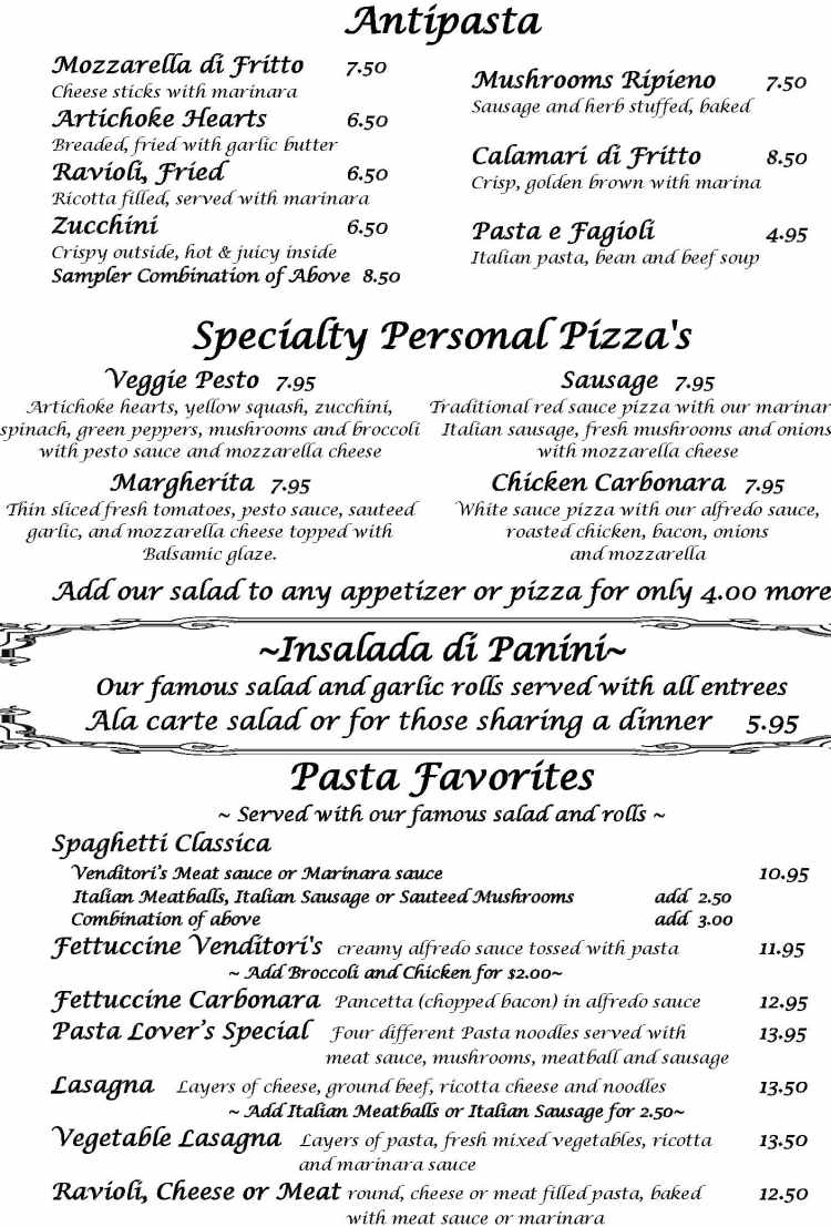 Venditori's menu page 1