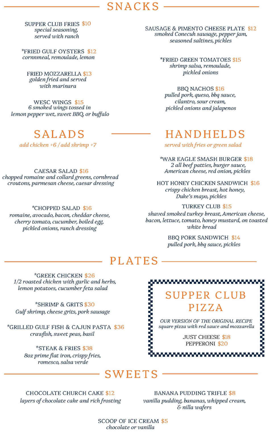 War Eagle Supper Club menu page 1