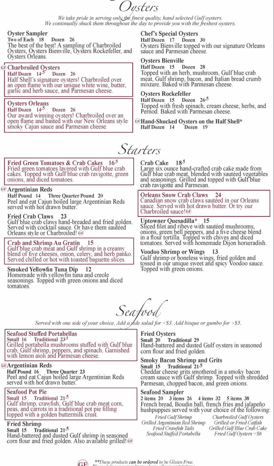Half Shell Oyster House menu page 1