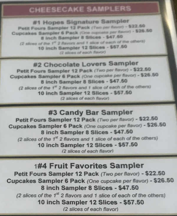 Hope's Cheesecake menu page 1