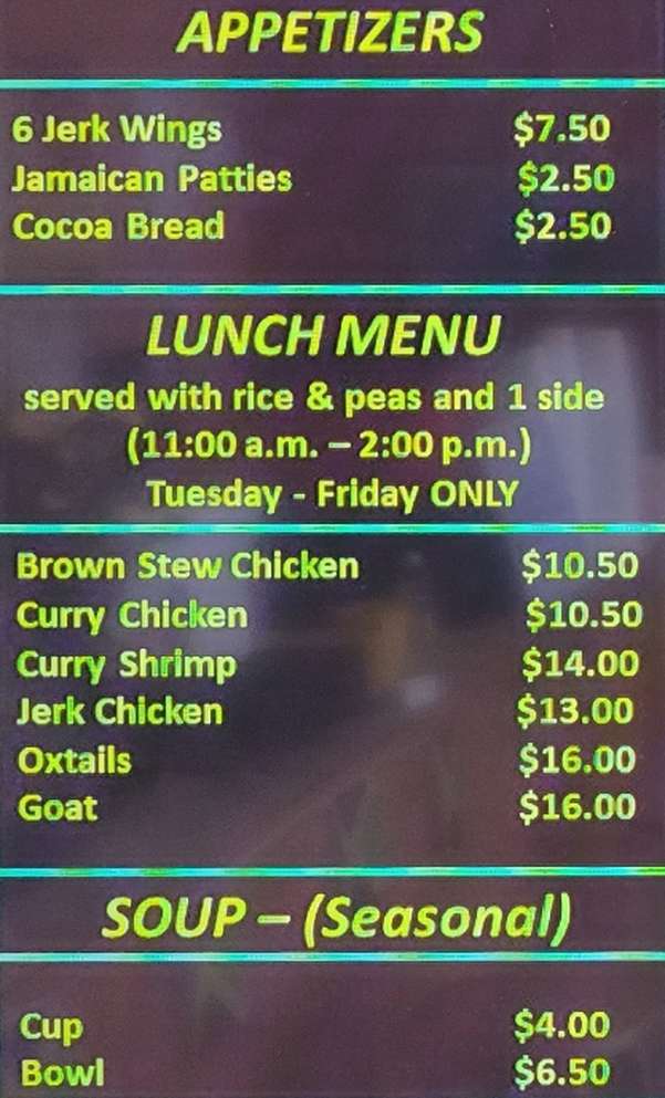 Mamee's Kitchen Jamaican menu page 1