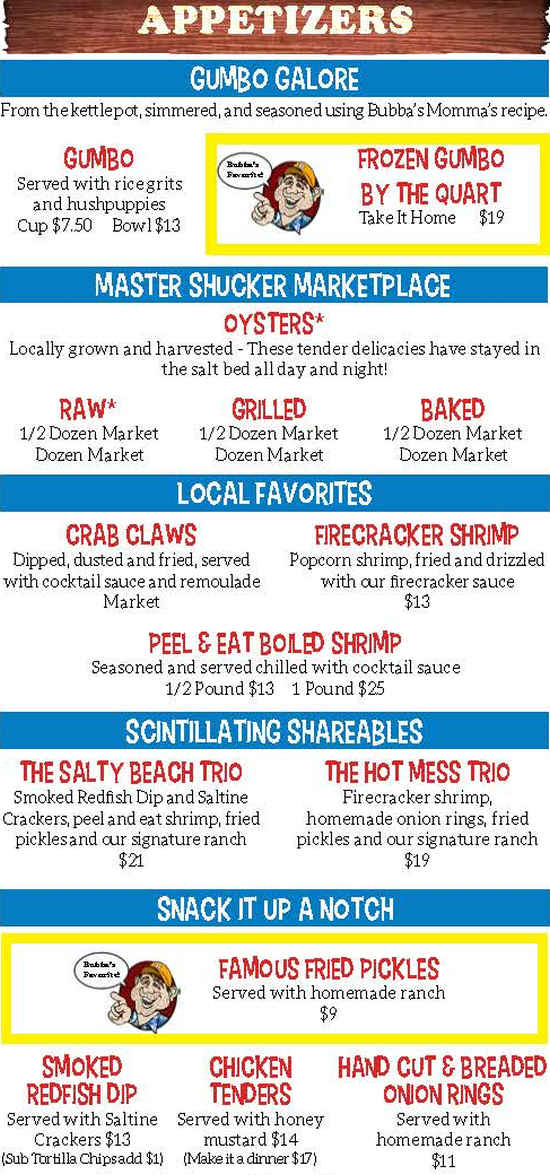 Bubba's Seafood House menu page 1