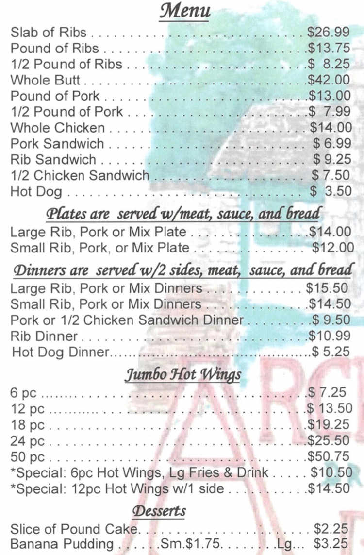 Archibald & Woodrow's BBQ menu page 1