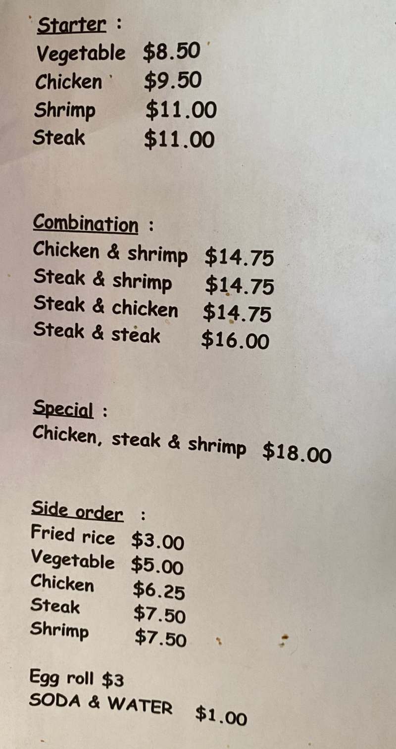 Super 1 Hibachi Japanese menu page 1