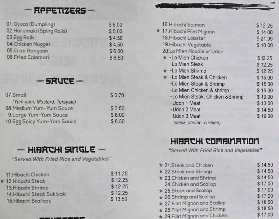 Kotaro Hibachi Express menu page 1