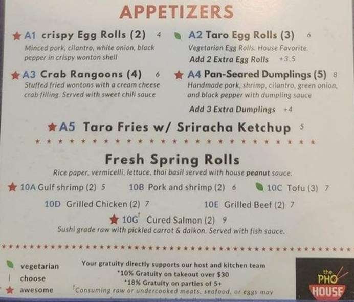 The Pho House menu page 1