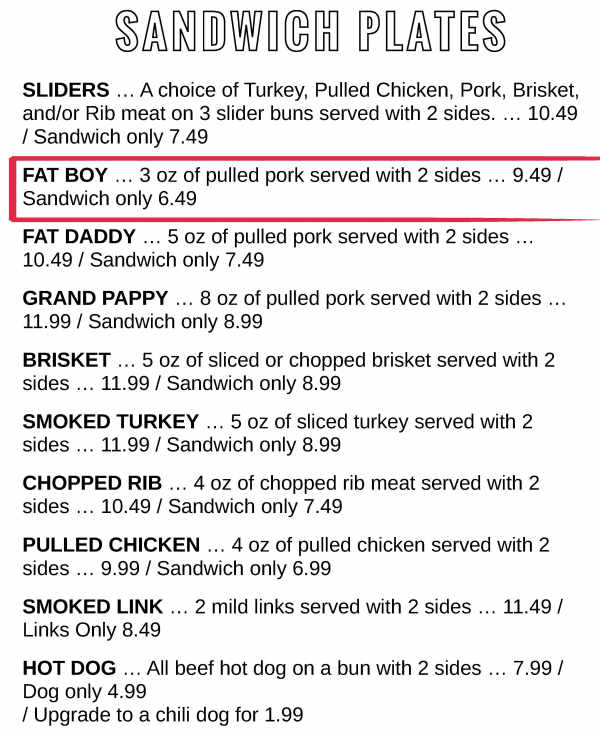 Fat Daddy's BBQ menu page 1