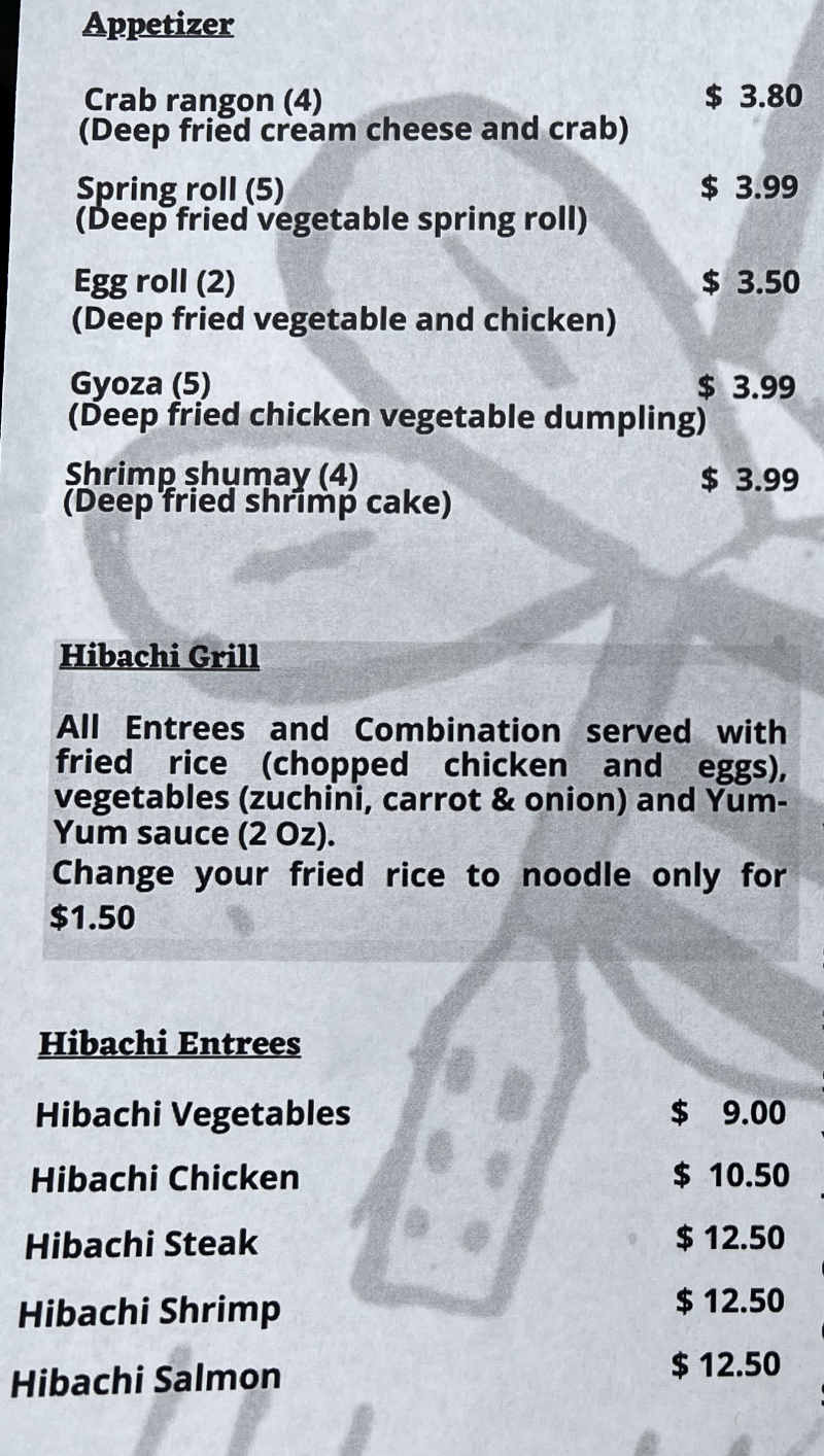 Bee Aye Hibachi menu page 1