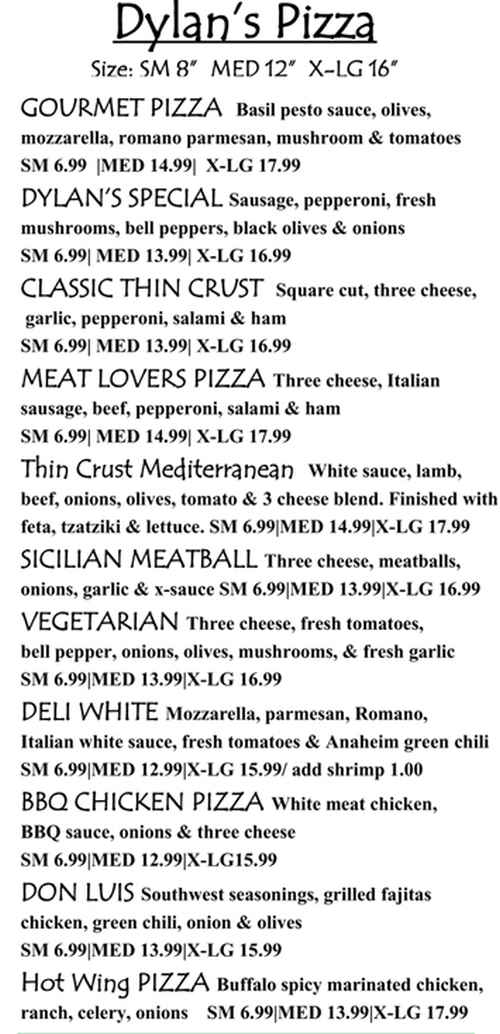 Dylan's Pizza Bistro menu page 1