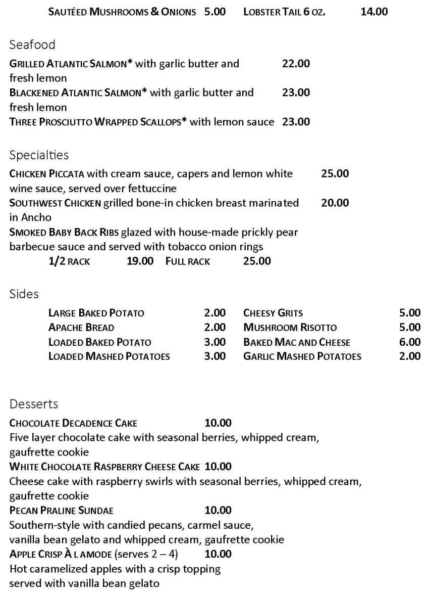 Apache Prime Steakhouse Menu, San Carlos, AZ