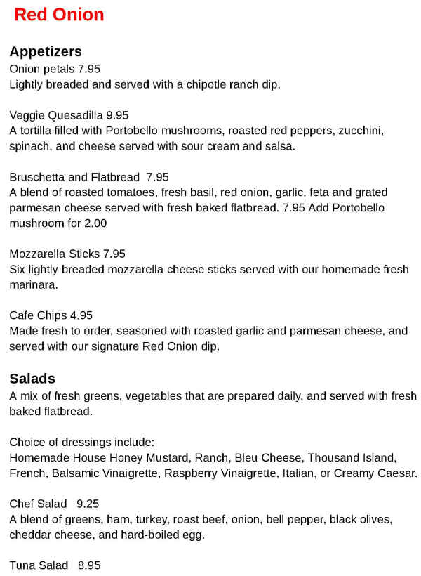 The Red Onion menu page 1
