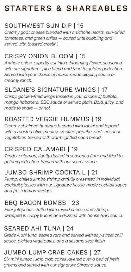 Sloane's Craft Kitchen menu page 1