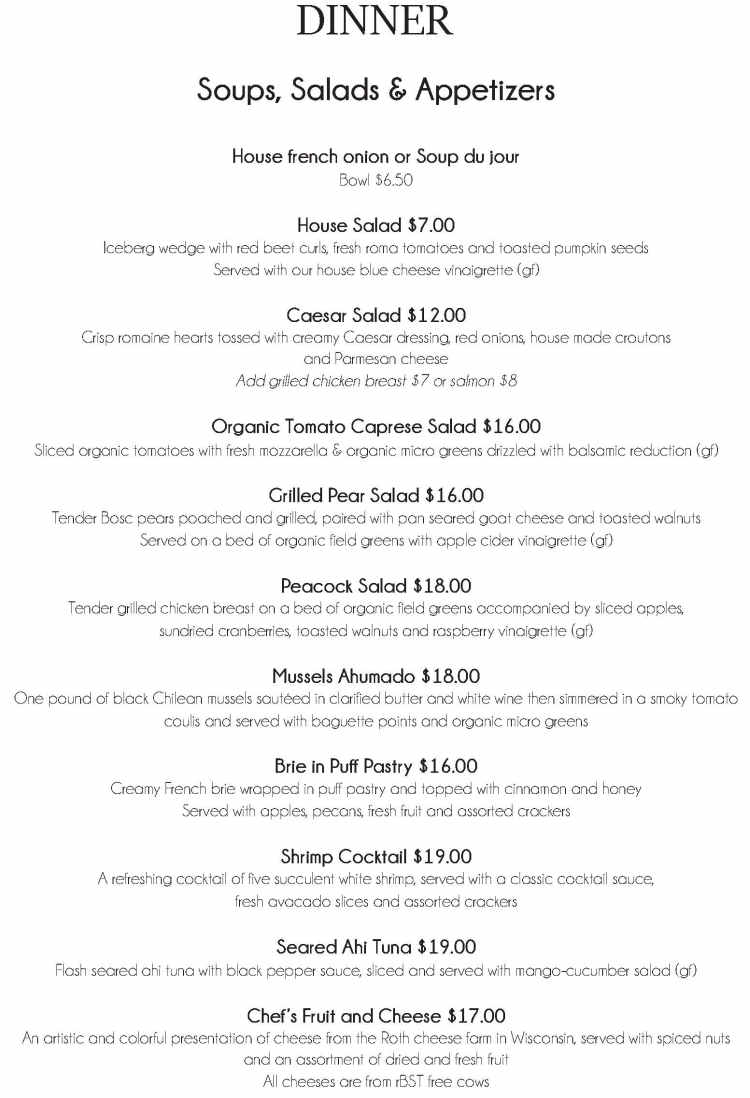 Peacock Dining Room menu page 1