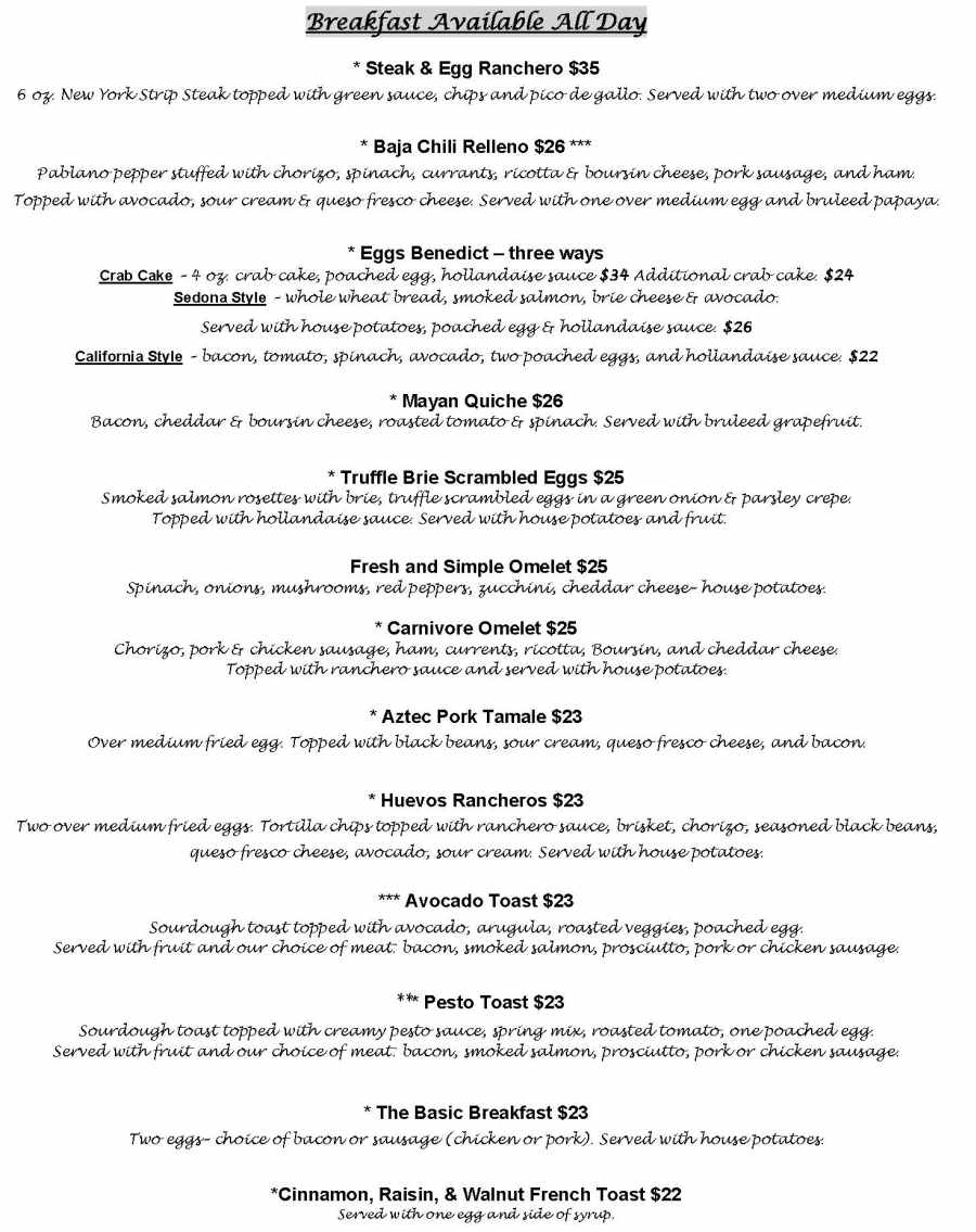 Casa Sedona Restaurant menu page 1