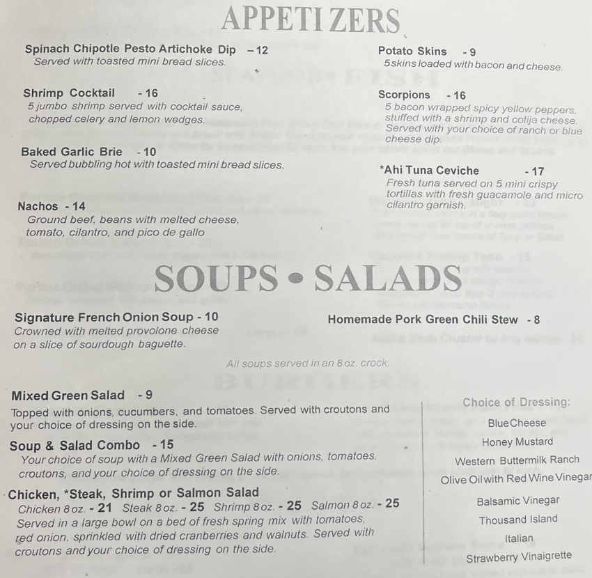 Western View Steakhouse menu page 1