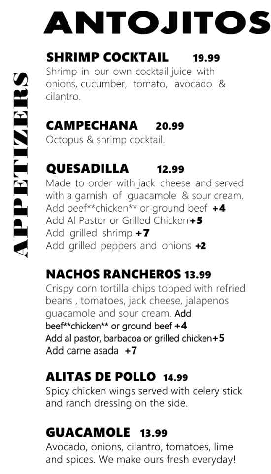 Hacienda Grill menu page 1