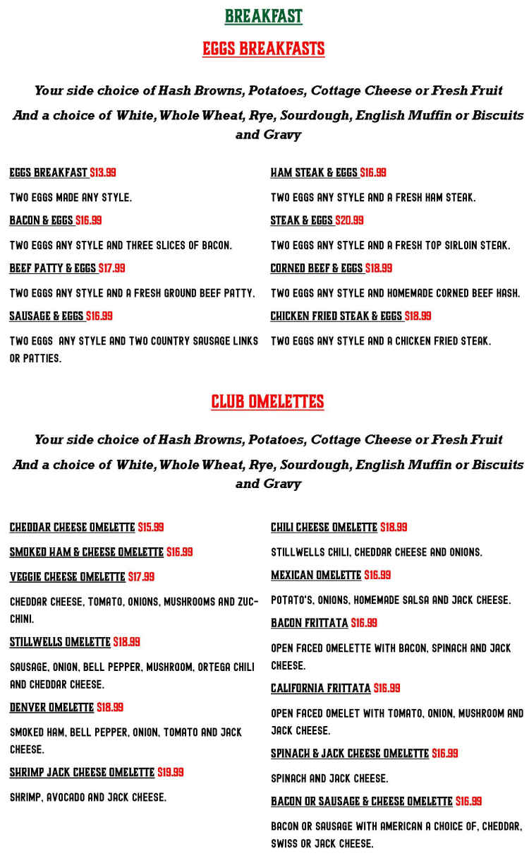 Stillwells menu page 1