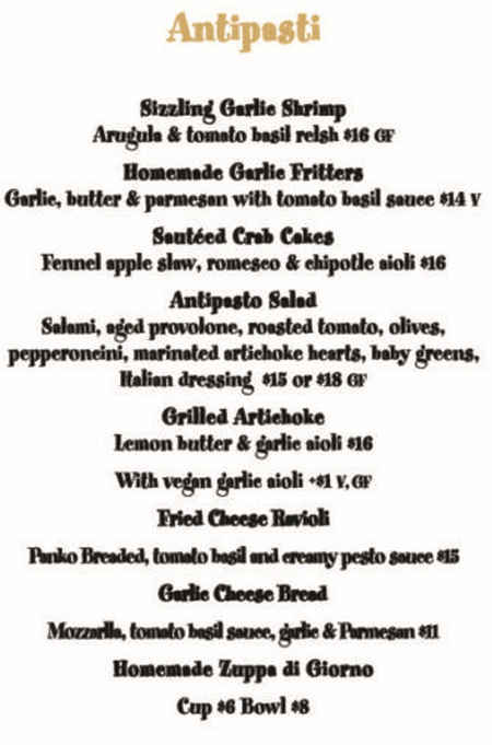 Sweet Basil Bistro menu page 1