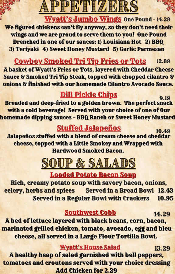 Wyatt's Grill & Saloon menu page 1