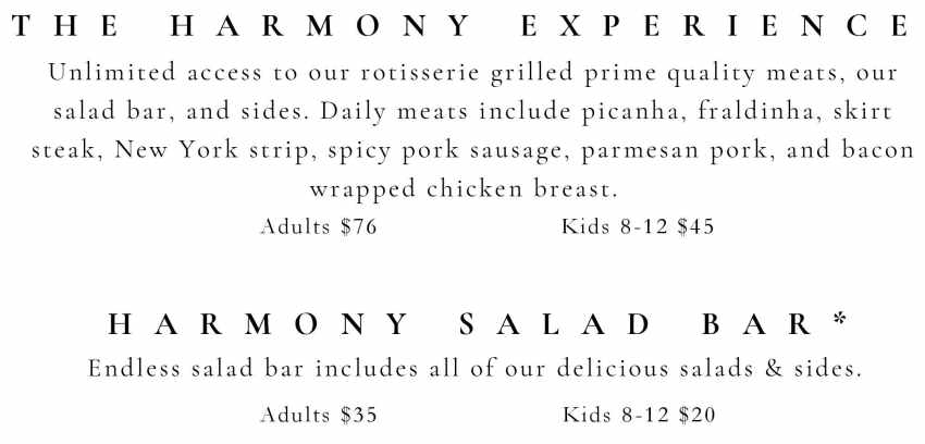 Harmony Brazilian Steakhouse menu page 1