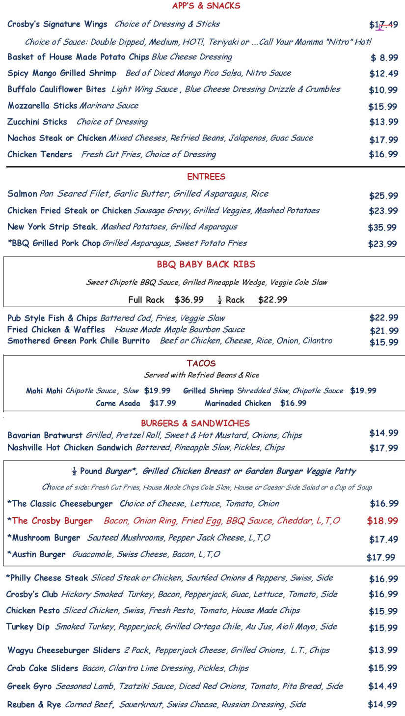 Crosby's Tavern menu page 1