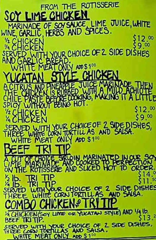 T's Mesquite Rotisserie menu page 1