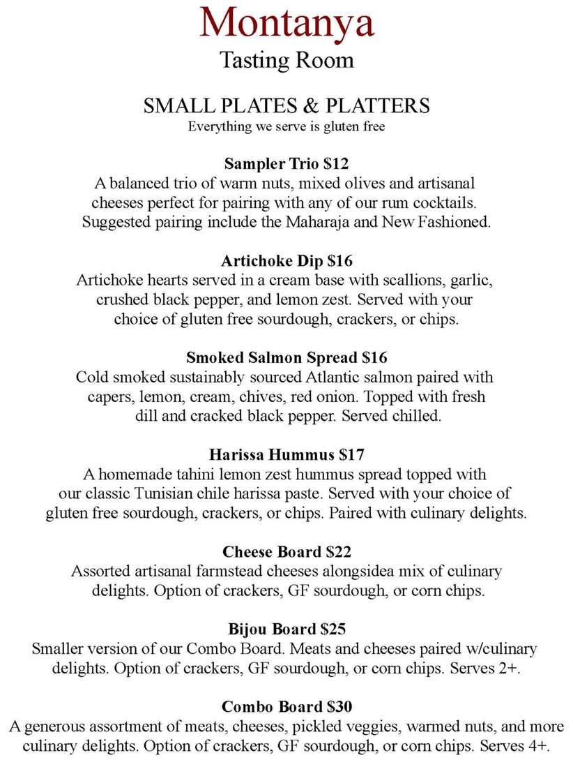 Montanya Distillers menu page 1