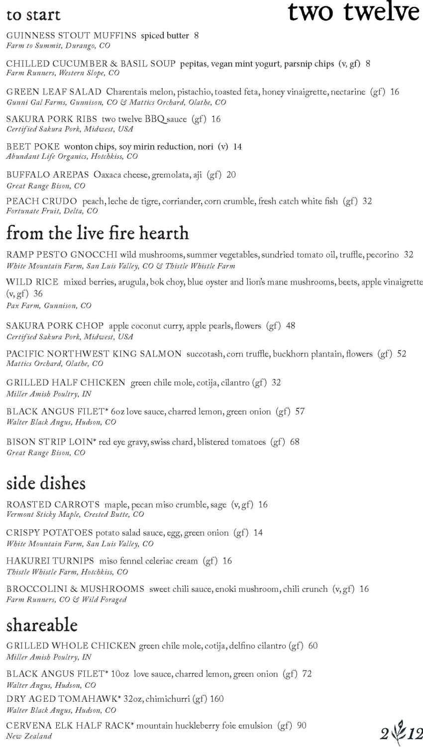 Two Twelve menu page 1