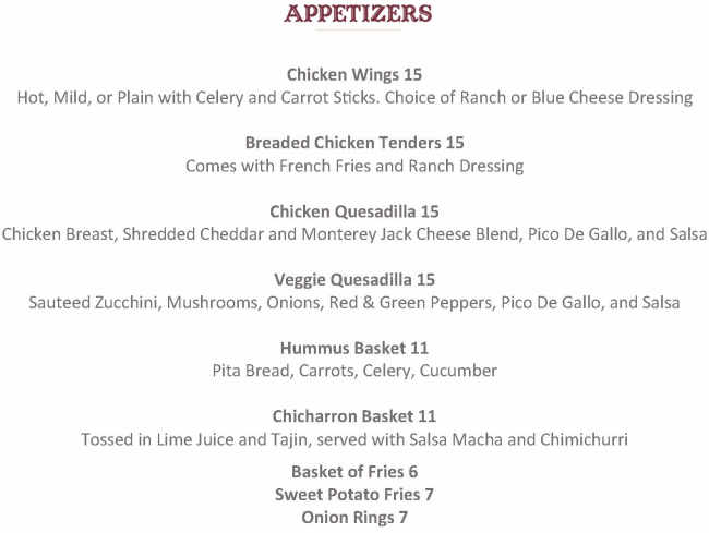 Diamond Belle Saloon menu page 1