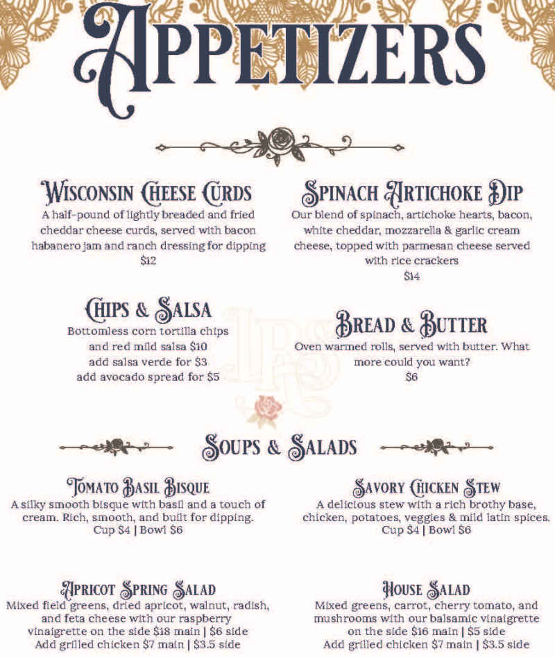 Lacey Rose Saloon menu page 1