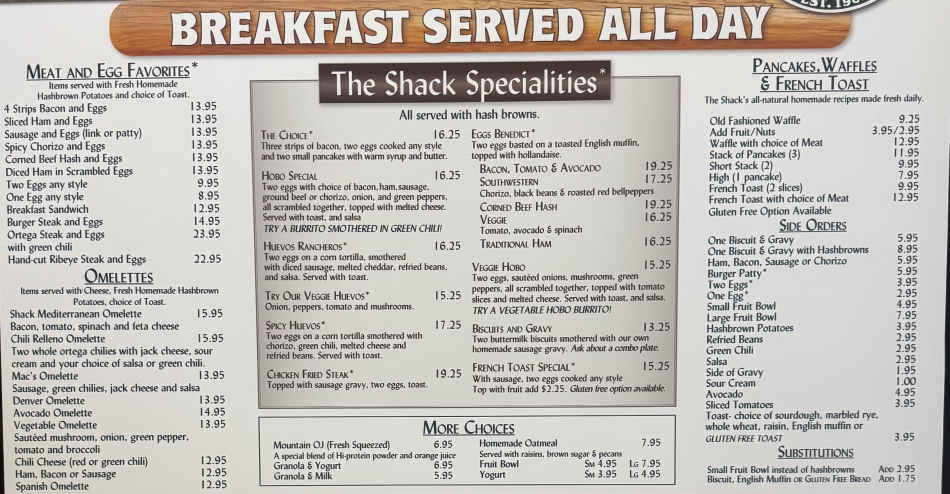 The Shack Cafe menu page 1