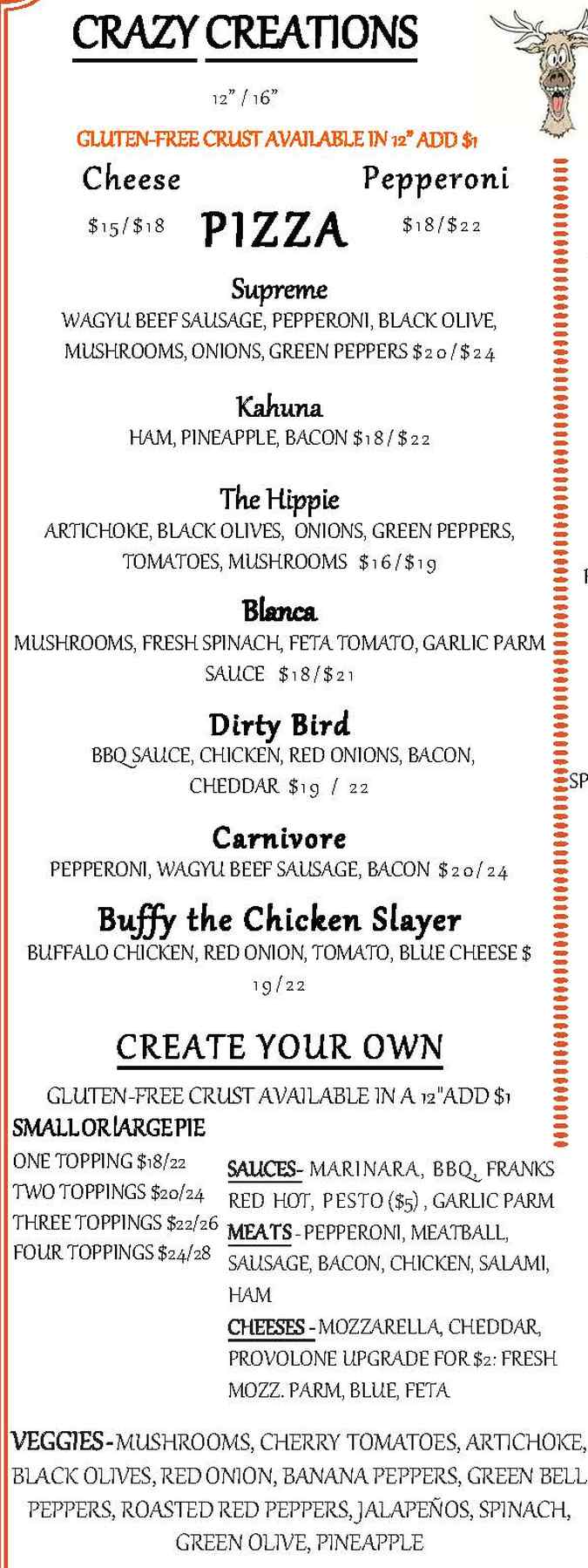 Crazy Elk Pizza menu page 1