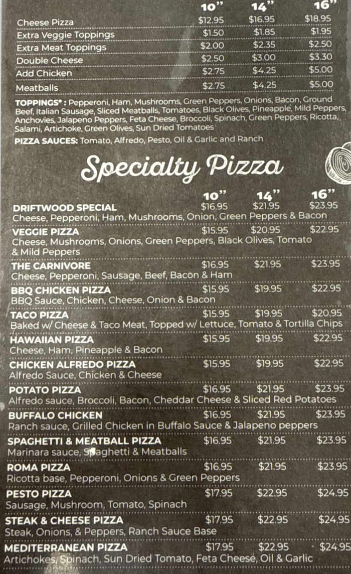 Driftwood Express menu page 1