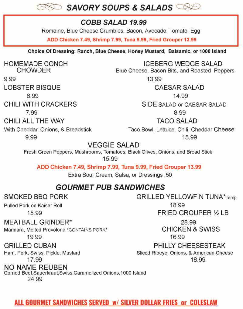 No Name Pub menu page 1