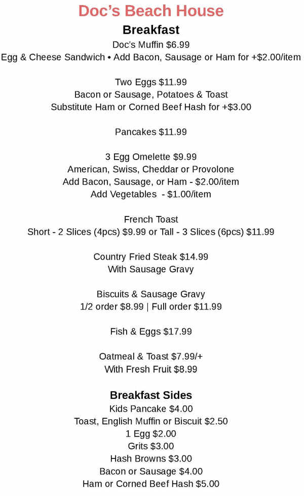 Doc's Beach House menu page 1