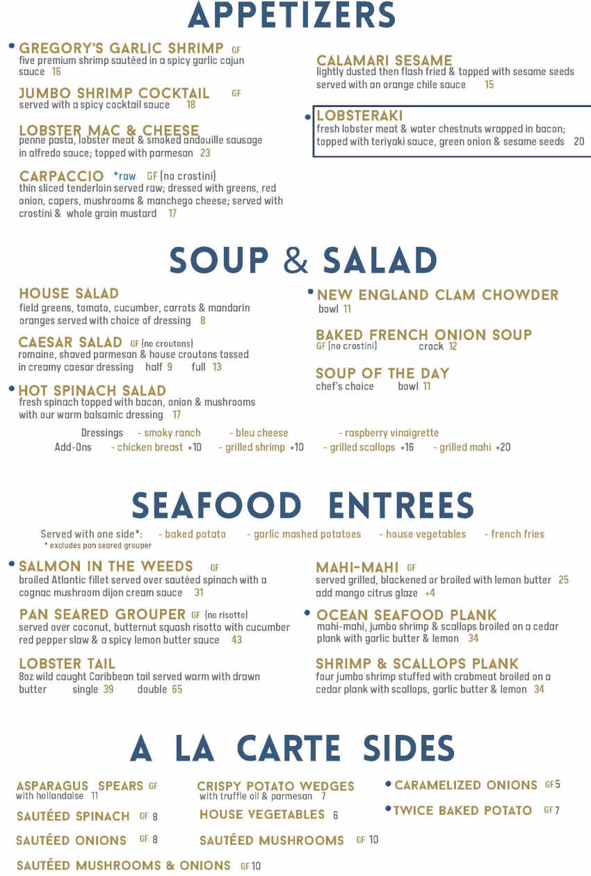 Gregory's Steak & Seafood menu page 1