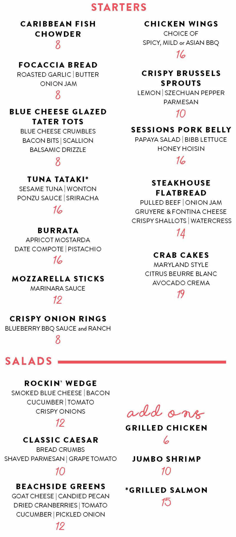 Sessions Restaurant menu page 1