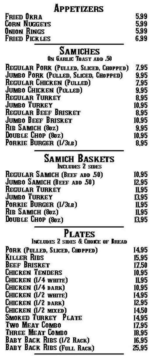 Porkies BBQ menu page 1