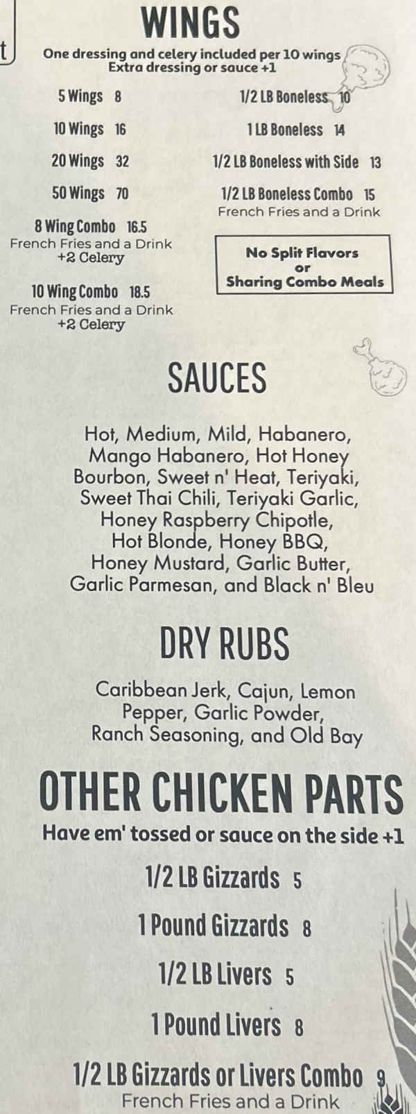 Rachel's Wingshack menu page 1