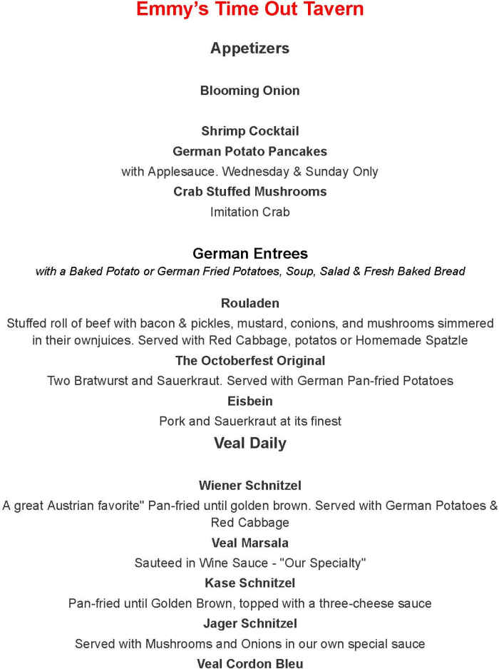 Emmy's Time Out Tavern menu page 1