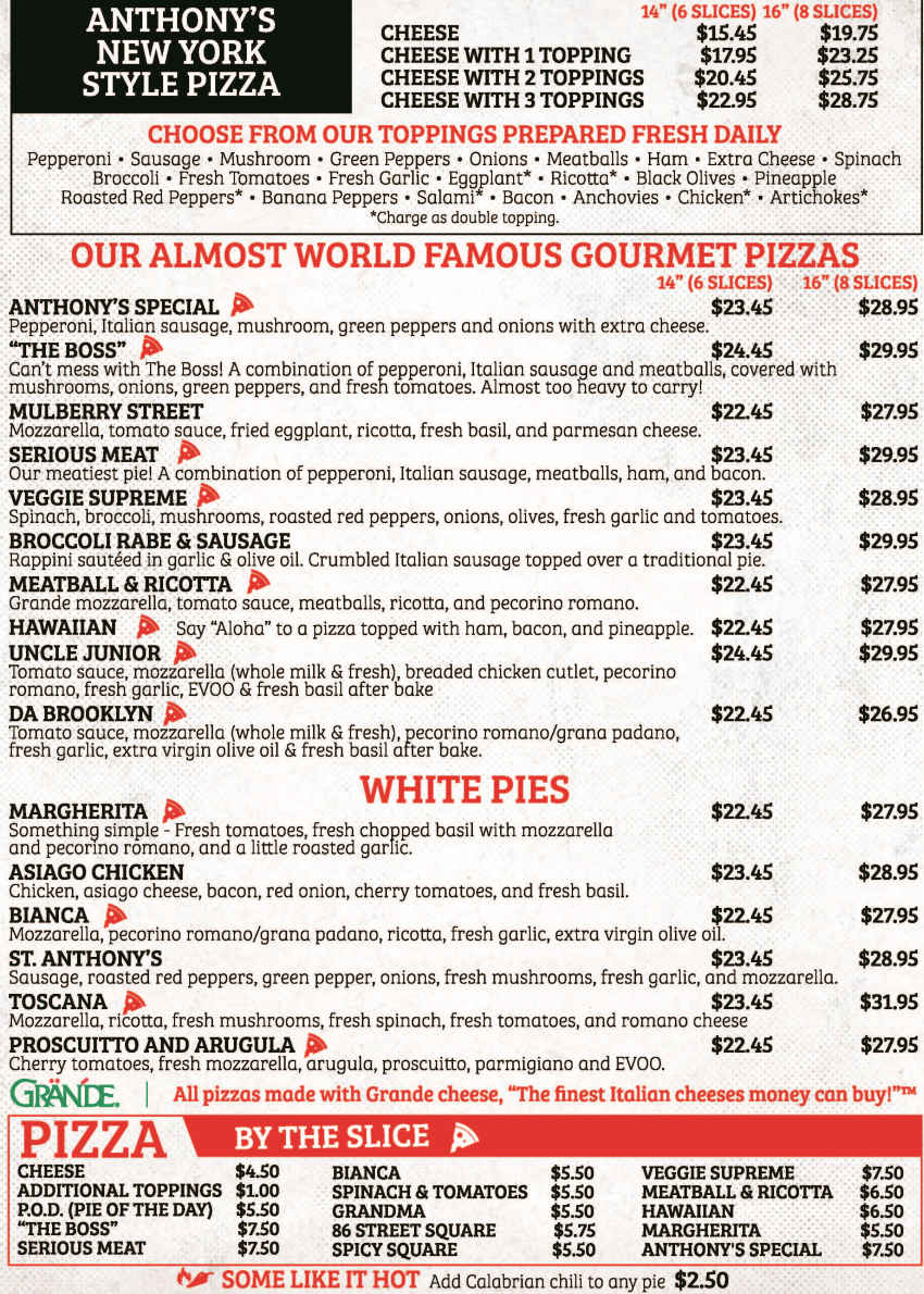 Anthony's Pizza menu page 1