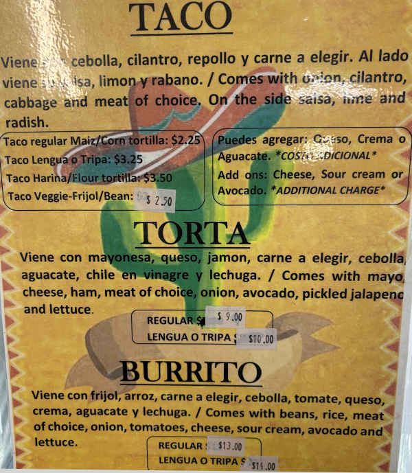 Tierra Caliente menu page 1