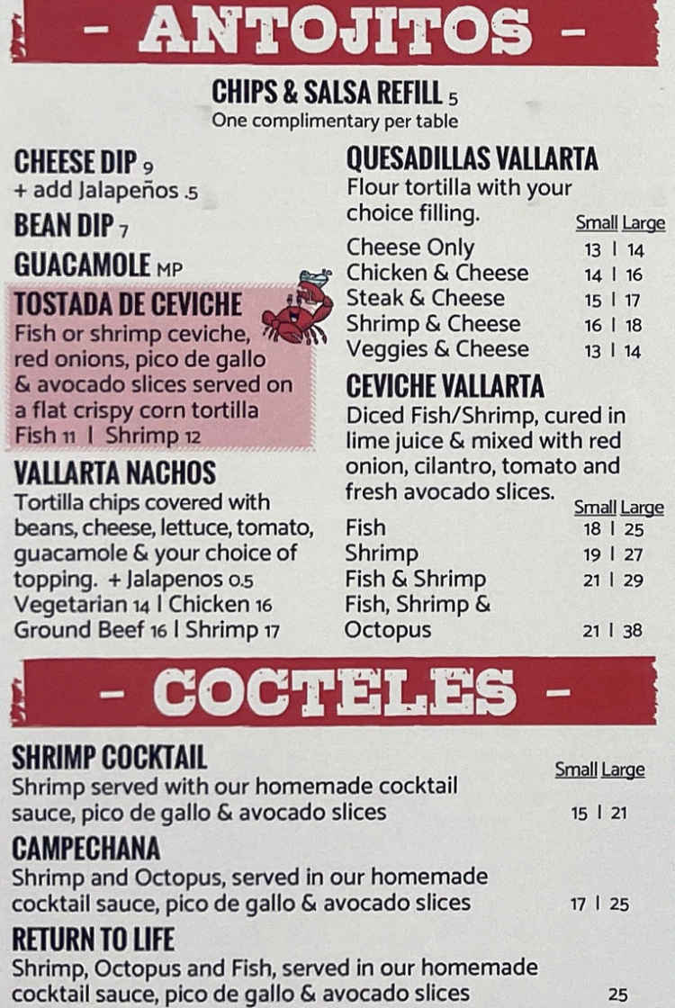 Puerto Vallarta Mexican menu page 1
