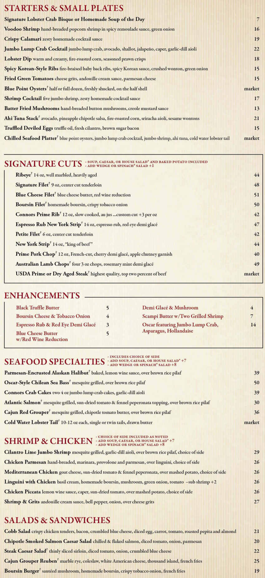 Connors Steak & Seafood menu page 1