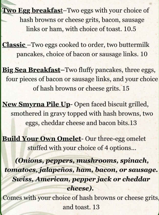 Seascape Restaurant menu page 1