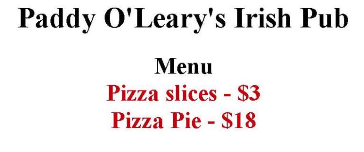 Paddy O'Leary's Irish Pub menu page 1