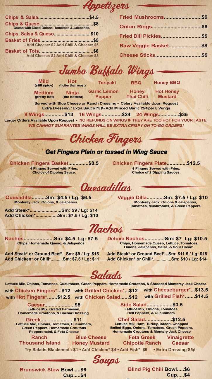 Blind Pig Tavern Watkinsville menu page 1