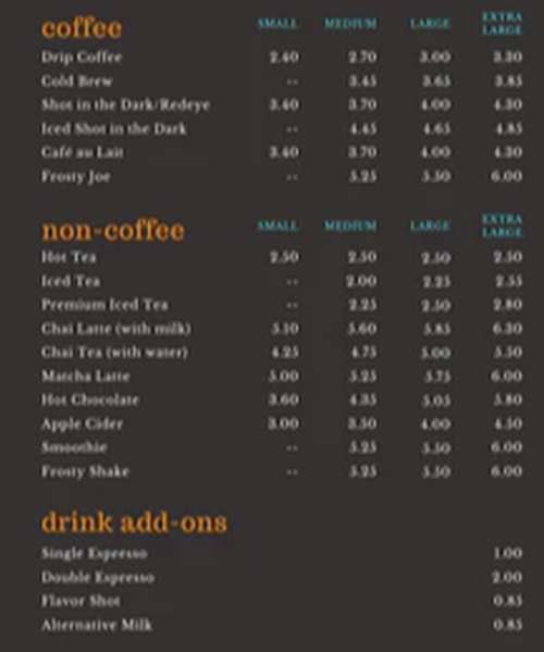 Jittery Joe's Coffee menu page 1