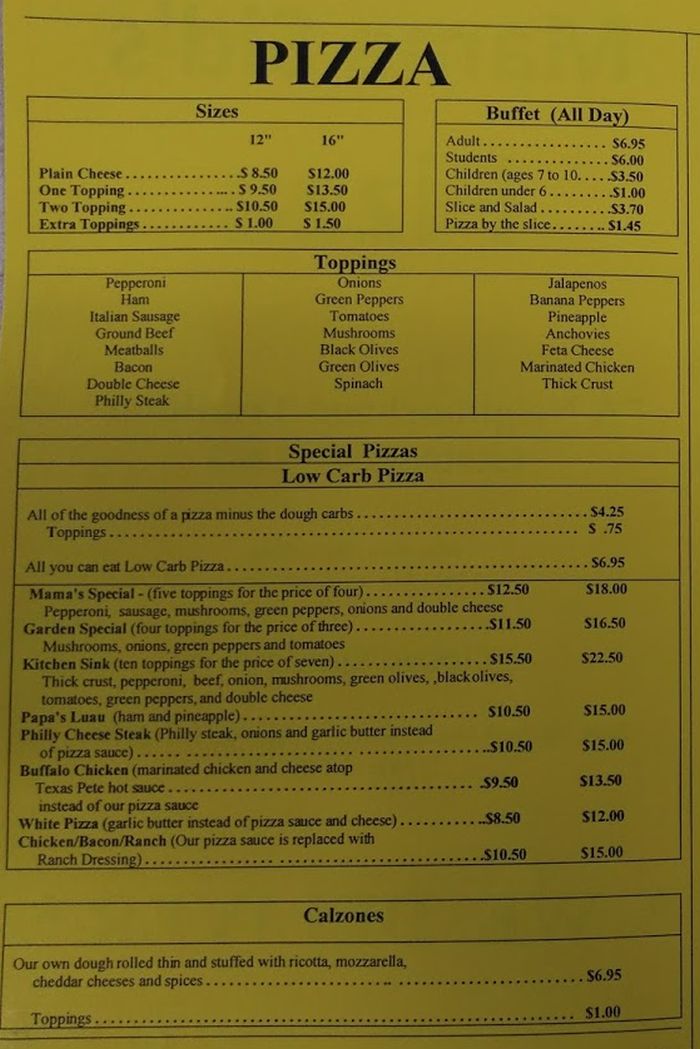 Mama Sid's Pizza menu page 1