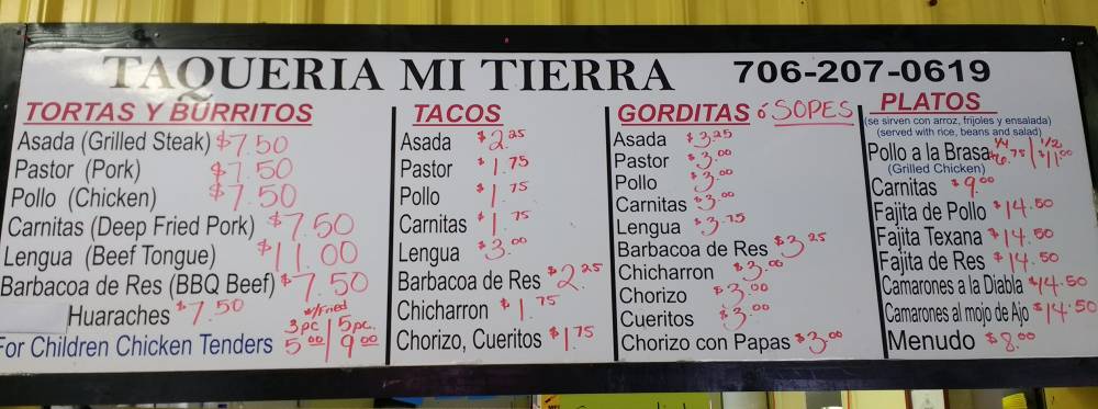 Taqueria Mi Tierra menu page 1